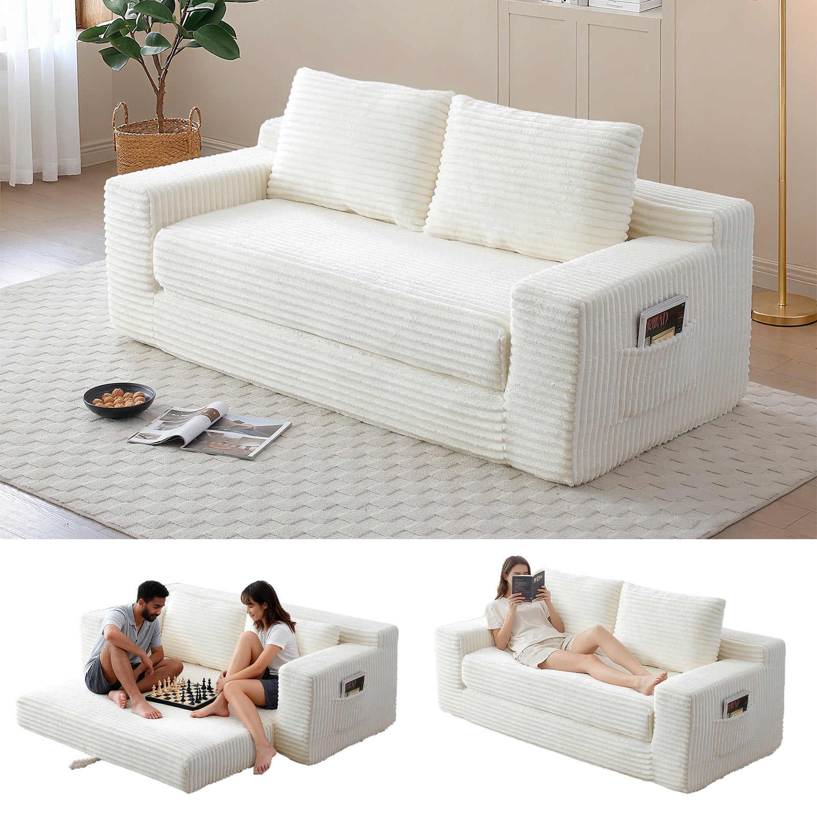 Memory Foam Cloud Sofa Bed 2-in-1 Couches No Assembly Corduroy Small Space Apartment Living Room,beige