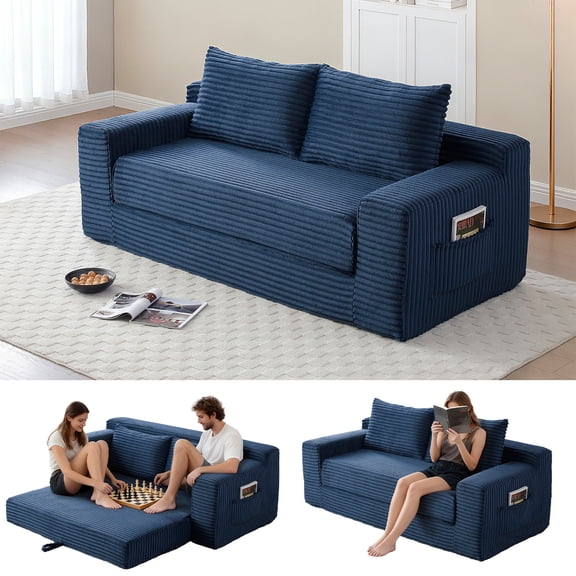 Memory Foam Cloud Sofa Bed 2-in-1 Couches No Assembly Corduroy Small Space Apartment Living Room,blue