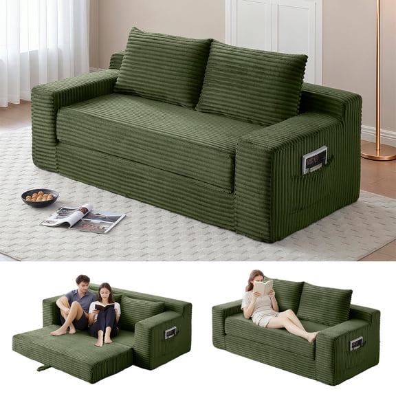 Memory Foam Cloud Sofa Bed 2-in-1 Couches No Assembly Corduroy Small Space Apartment Living Room,green