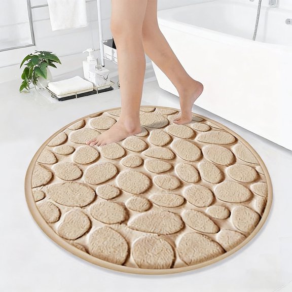 Memory Foam Cobblestone Bathroom Rug - Large Round Super Water Absorbent Bath Mat, Massage Texture Non-Slip Floor Mat for Bathroom & Toilet, Machine Washable Home Decor Essential, 31*31in, Khaki