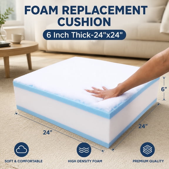 Memory Foam Couch Cushion Replacement 24"x24"x6" Sofa Cushion with Removable Cover, High Density 25D Foam Padding for Sofas and Sectionals