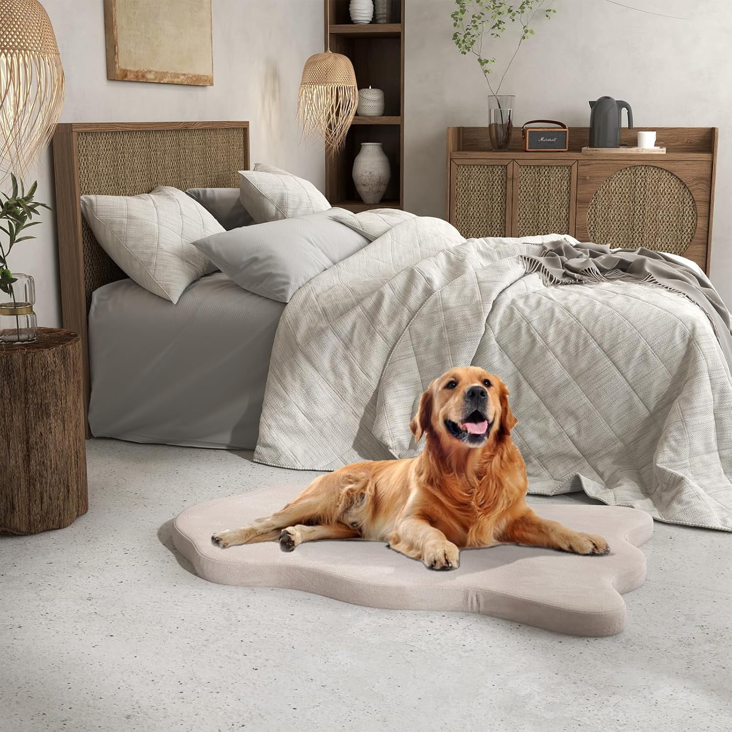 Memory Foam Dog Bed with Removable Washable Cover, Non-Slip Bottom, Egg Crate Foam Pet Sleeping Mat for Large Medium Dogs, 43 x 26 inch, Orthopedic Dog Bed Indoor Outdoor (Beige)