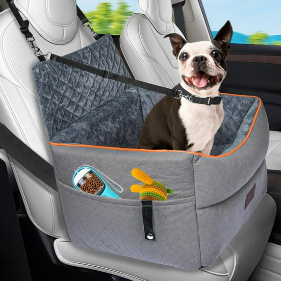 Memory Foam Dog Booster Seat with Washable Removable Cover, Anti-Slip Dog Car Seats for Small Dogs Up to 25lbs, Elevated Pet Car Seat with Storage Pockets, Dog Seat Belt, Travel Dog Car Bed