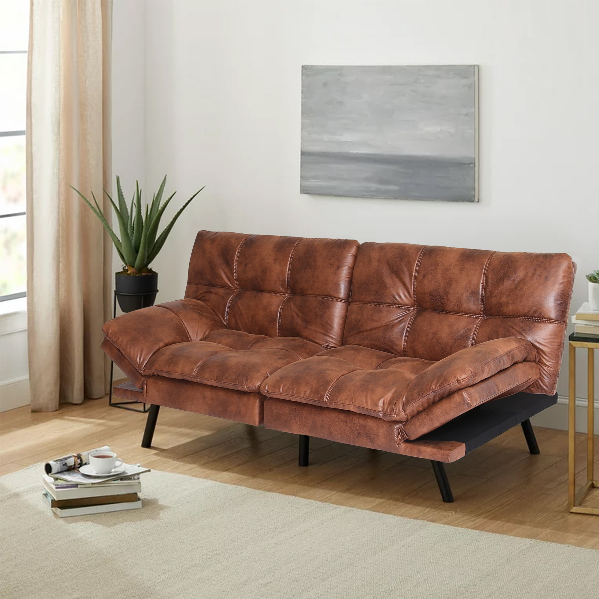 Memory Foam Futon, Camel Faux Leather Fabric