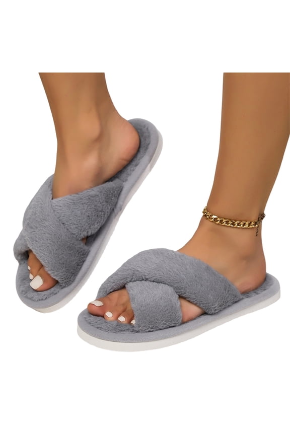 Memory Foam Fuzzy House Slippers for Women | Faux Fur Cross Band Open Toe Indoor Slippers, Gifts for Women, Moms and Bridesmaids