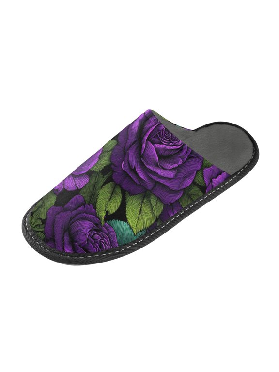 Memory Foam House Slippers for Women Men, Soft Fleece Lined Printed Indoor Slides Gothic Dark Purple Rose Print Waterproof Non Slip PVC Home Bedroom Shoes