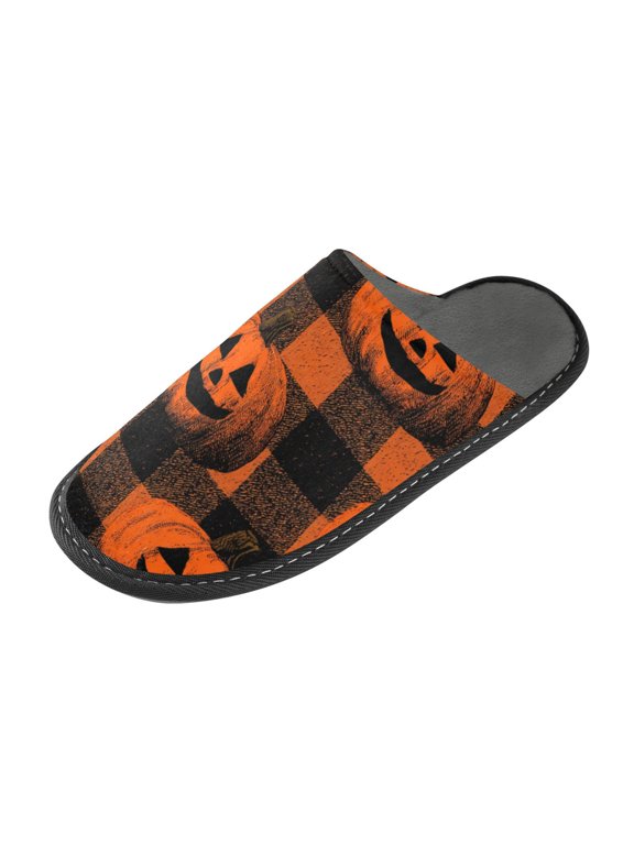 Memory Foam House Slippers for Women Men, Soft Fleece Lined Printed Indoor Slides Orange Striped Smiley Pumpkins Waterproof Non Slip PVC Home Bedroom Shoes