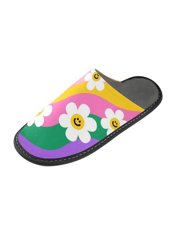Memory Foam House Slippers for Women Men, Soft Fleece Lined Printed Indoor Slides Smiley Daisy on Rainbow Background Waterproof Non Slip PVC Home Bedroom Shoes