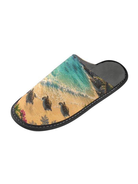 Memory Foam House Slippers for Women Men, Soft Fleece Lined Printed Indoor Slides Tropical Shore Sunset Turtles Waterproof Non Slip PVC Home Bedroom Shoes