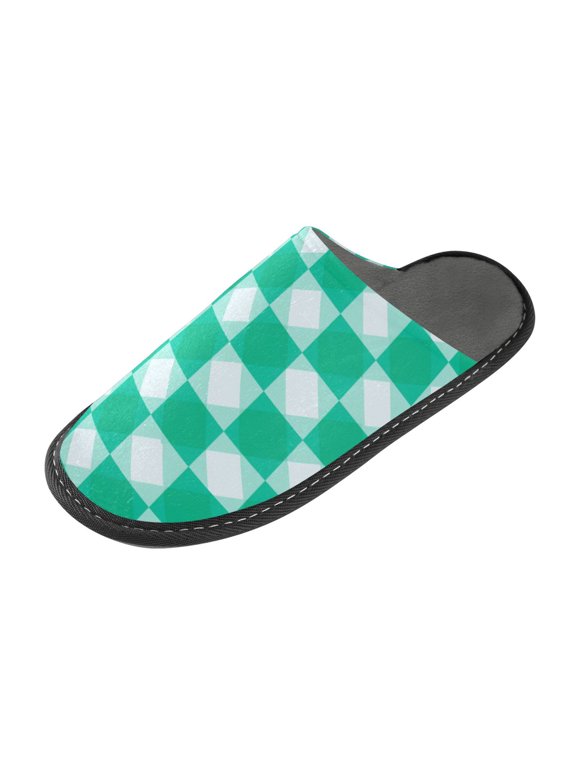 Memory Foam House Slippers for Women Men, Soft Fleece Lined Printed Indoor Slides Emerald Green Squares Waterproof Non Slip PVC Home Bedroom Shoes