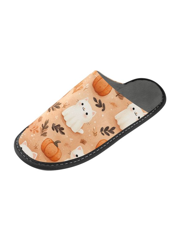 Memory Foam House Slippers for Women Men, Soft Fleece Lined Printed Indoor Slides Ghost White Cats Waterproof Non Slip PVC Home Bedroom Shoes