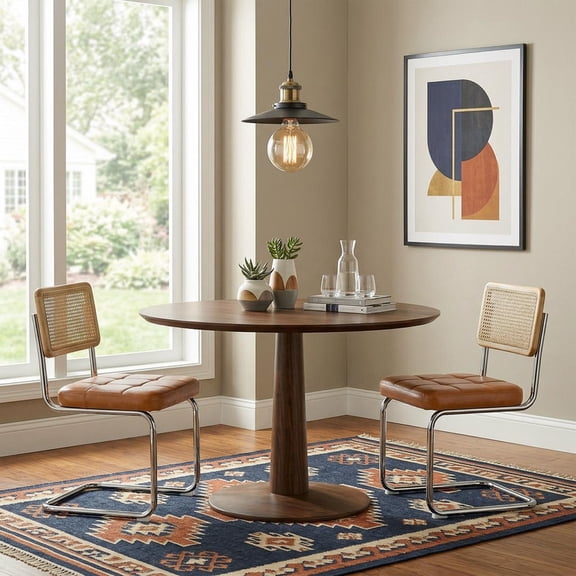 Cottinch Rattan Dining Chairs Set of 2, Faux Leather Mid Century Modern Dining Room Chairs, Mesh Back Cane Kitchen Chair with Metal Chrome Legs, Brown