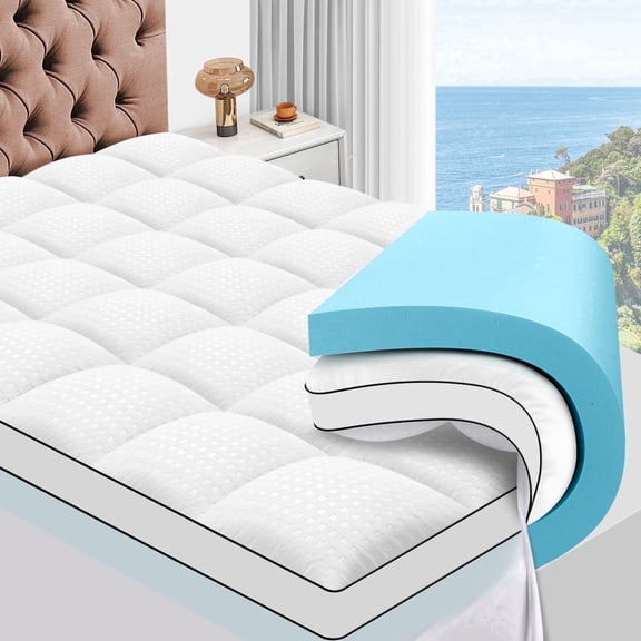 Vccoem Queen Mattress Topper, 4-inch Dual Layer Memory Foam with Cooling Gel & Plush Pillow Top, Anti-Slip Mattress Pad, Deep Pocket, Noiseless Washable