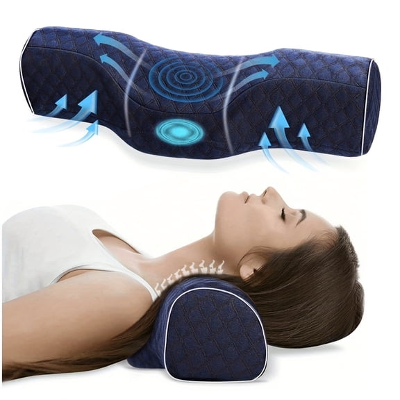 Memory Foam Neck Pillow for Travel, Cervical Support, Breathable Mesh, Blue