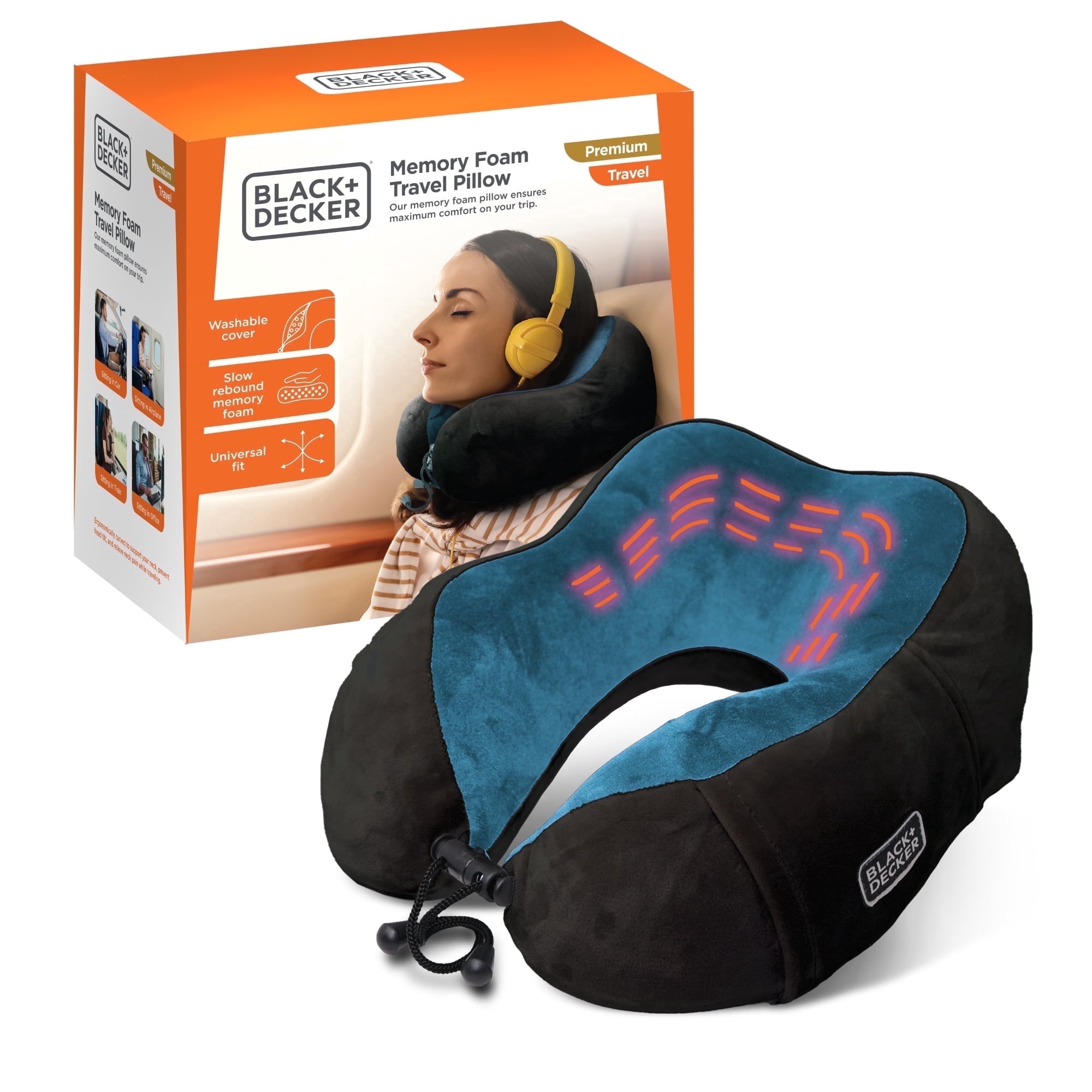 BLACK+DECKER Memory Foam Neck Pillow with Phone Pocket, Ergonomic Travel Pillow, Blue