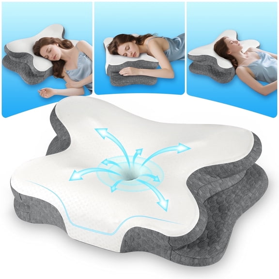 Cervical Memory Foam Pillow for Neck Pain Relief, Ergonomic Orthopedic Cooling Bed Pillow with Breathable Pillowcase, Ideal for Side, Back and Stomach Sleepers, White
