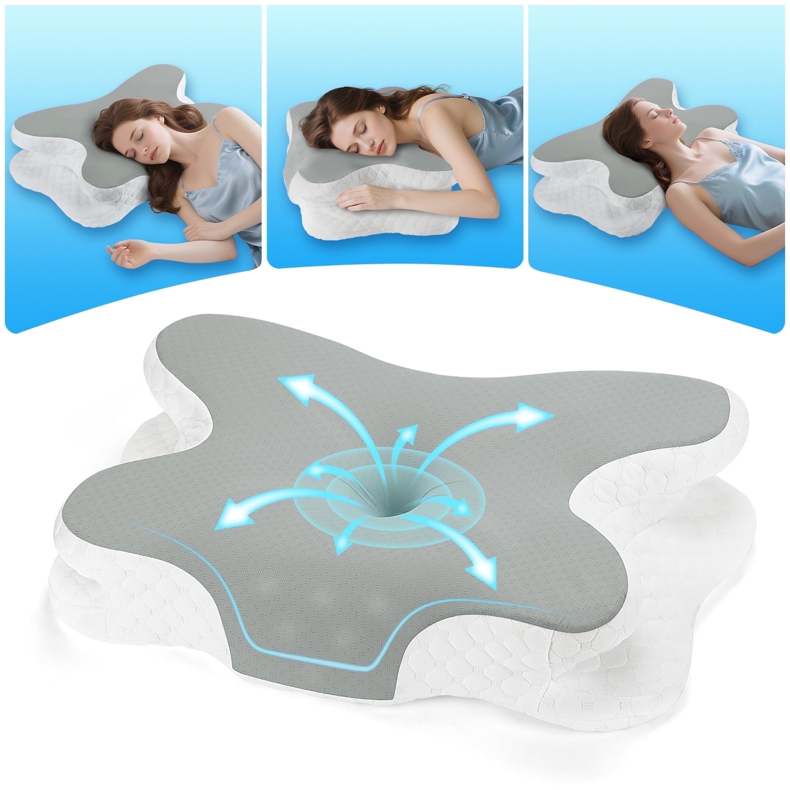 Cervical Memory Foam Pillow for Neck Pain Relief, Ergonomic Orthopedic Cooling Bed Pillow with Breathable Pillowcase, Ideal for Side, Back and Stomach Sleepers, Gray