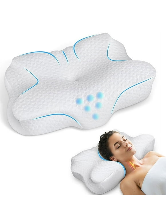 Neck Pillow Cervical Memory Foam Pillows, Cooling Contour Pillow for Neck Pain Relief, Ergonomic Orthopedic Bed Pillow for Side Back Stomach Sleepers with Breathable Pillowcase, White