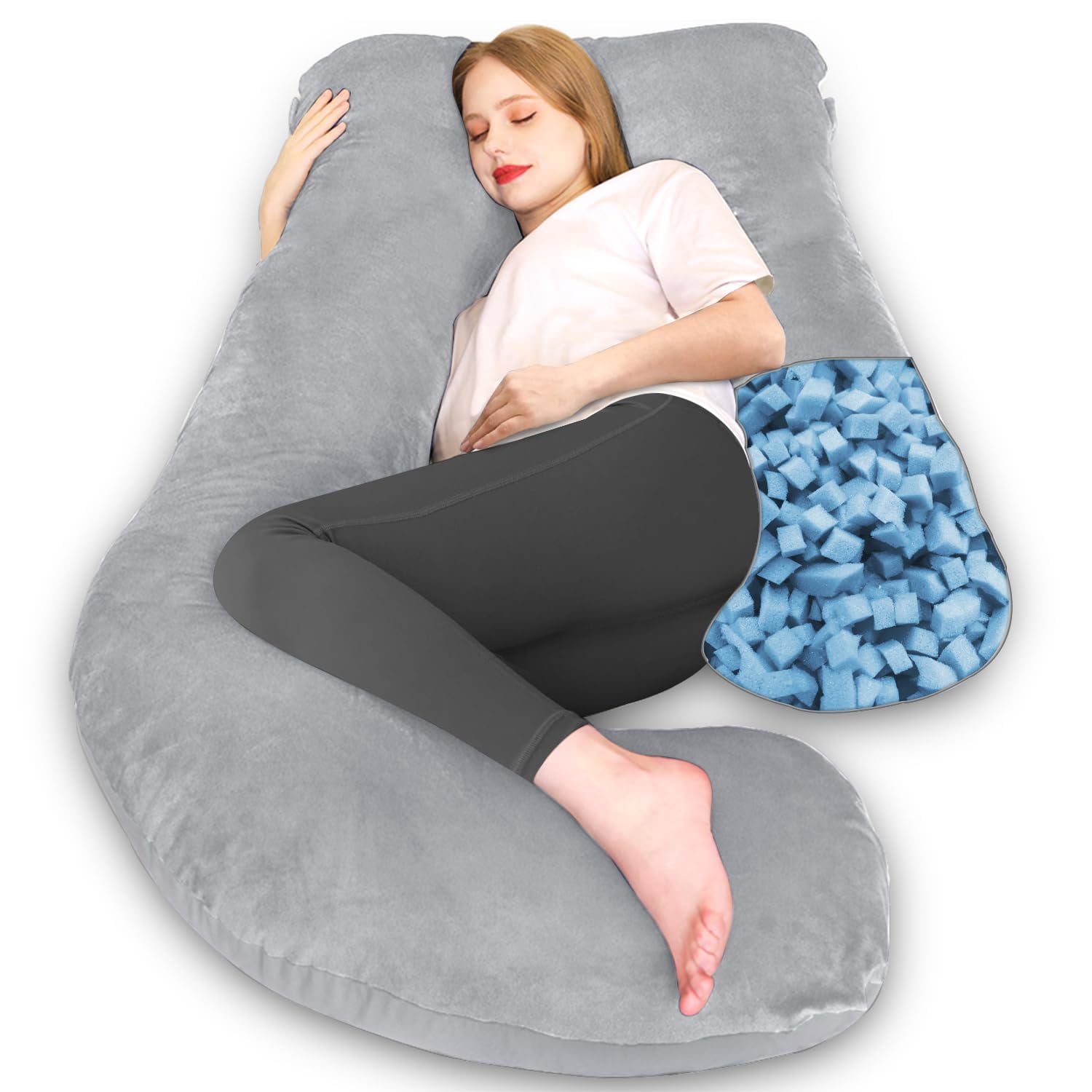 Memory Foam Pillow  J Shape Pillows For Sleeping Body Adults Maternity Women With Removable Cover Light Grey
