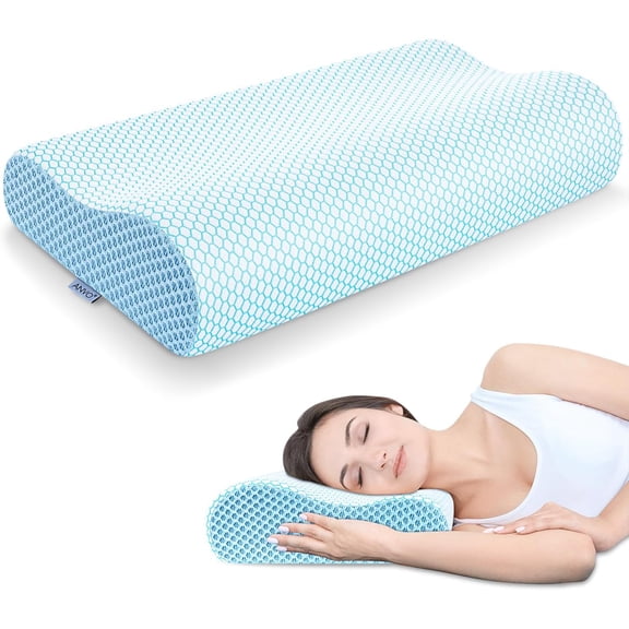 Memory Foam Pillow, Neck Cervical Orthopedic Bed Pillow for Sleeping Side Back Stomach Sleeper, Ergonomic Design for Neck and Shoulder Pain Relief, Blue White, Firm