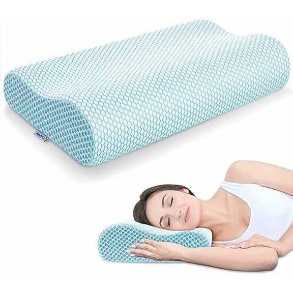 Memory Foam Pillow, Neck Contour Cervical Orthopedic Bed Pillow for Sleeping Side Back Stomach Sleeper, Ergonomic Design for Neck and Shoulder Pain Relief, Blue White, Firm