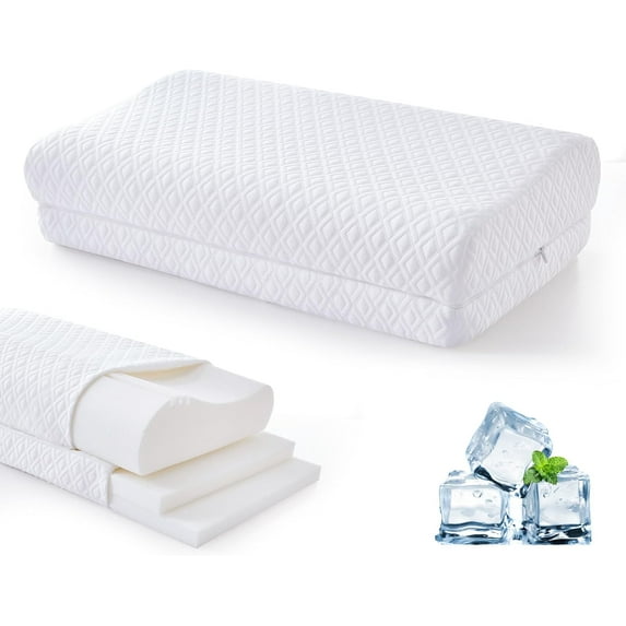 Memory Foam Pillow for Neck Pain Relief – 3-Layer 5-Level Height Adjustable (Loft 1-6″), Cervical Ergonomic Cooling Tencel Cover High Loft Support for Side/Back/Stomach Sleepers, Queen