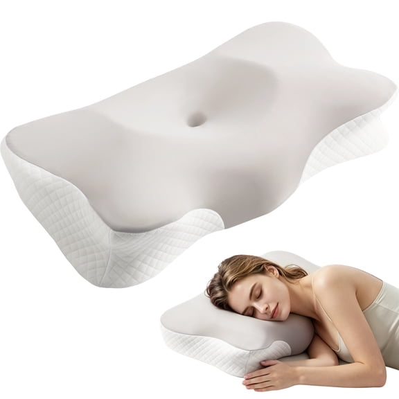Memory Foam Pillow for Neck Support, Ergonomic Butterfly Pillow with Dual-Sided Cover, Cooling Fabric & Anti-Slip Texture, Removable Zipper Cover for Back Side Stomach Sleepers