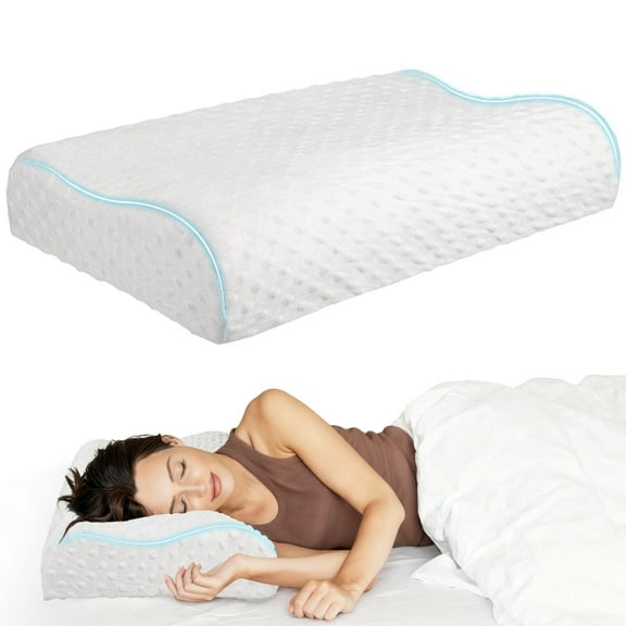 Memory Foam Pillow for Sleeping and Neck and Shoulder Pain Relief, Orthopedic Contour Pillow Bed for Side, Back, Stomach Sleepers, Ergonomic Support Pillow with Removable and Washable Cover, White
