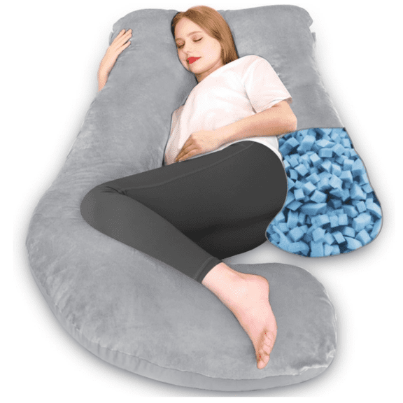 Memory Foam Pregnancy Pillow, J Shape Pregnancy Pillows for Sleeping, Body Pillow for Adults, Maternity Pillow for Pregnant Women, with Velvet Removable Cover, Light Grey