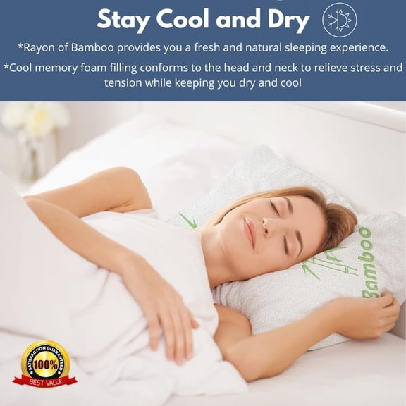 Memory Foam Rayon Bamboo Pillows Queen Size Set of 2 for Sleeping [Adjustable] - Cool & Breathable Cover with Zipper Rayon Bamboo Pillowcase - Relieves Neck Pain - Back/Stomach/Side Sleeper