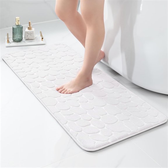 Evideco French Home Goods Memory Foam Runner Bath Mat White Pebble Design 48x18