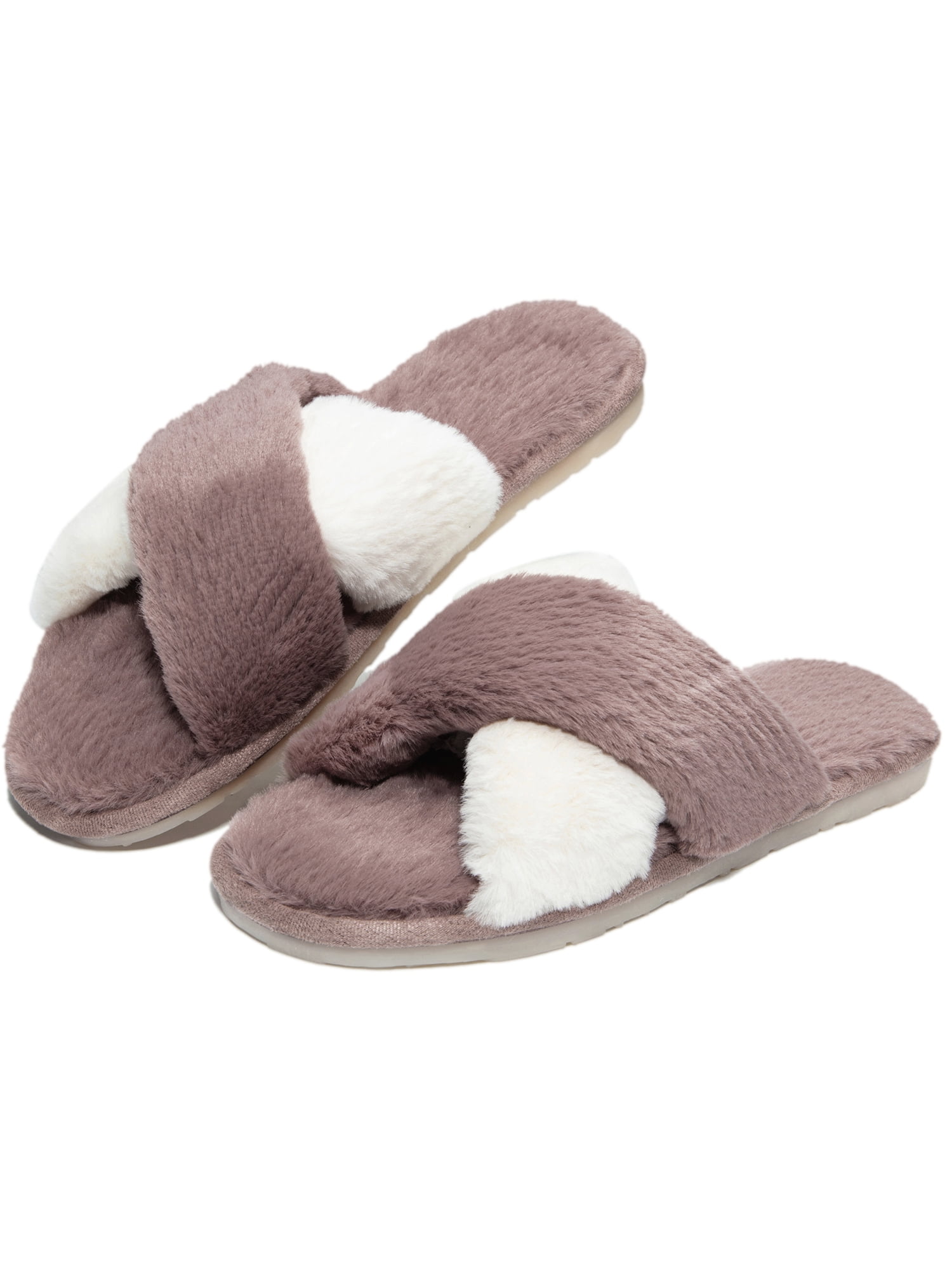 House Slippers Grey Fluffy Cross Slippers Memory Foam Sandal House