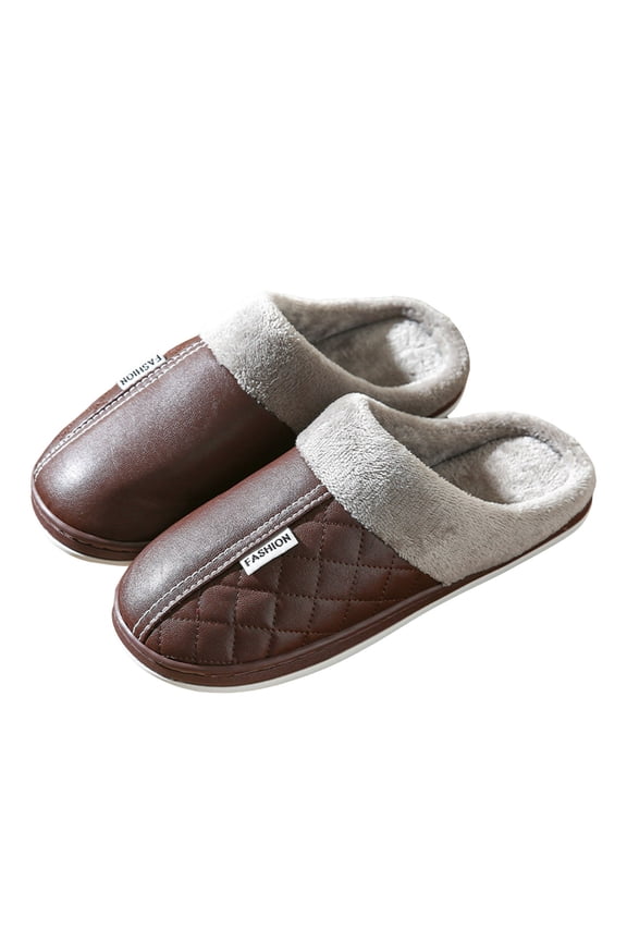 Memory Foam Scuff Slippers for Women Plush Warm Fashion Stitching Leather Waterproof Indoor Winter Home Shoes Non Slip Slip on Slides Coffee 9