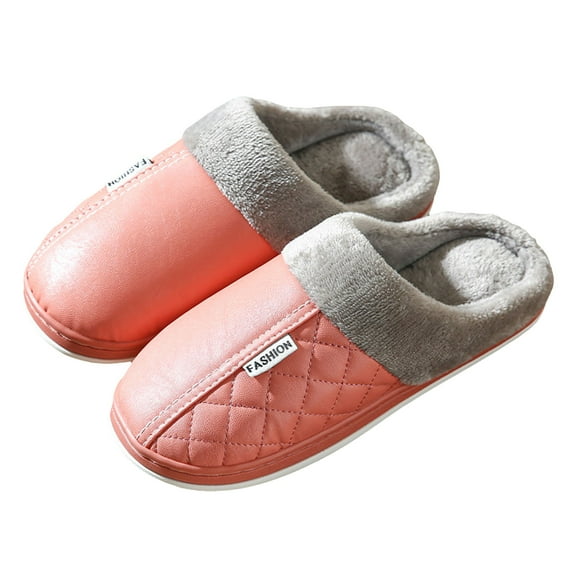 Memory Foam Scuff Slippers for Women Plush Warm Fashion Stitching Leather Waterproof Indoor Winter Home Shoes Non Slip Slip on Slides Hot Pink 9