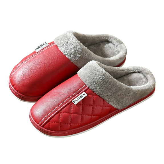Memory Foam Scuff Slippers for Women Plush Warm Fashion Stitching Leather Waterproof Indoor Winter Home Shoes Non Slip Slip on Slides Red 9