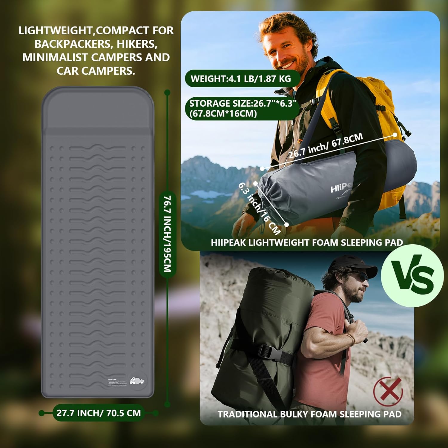 Memory Foam Sleeping Pad, Compact 3 Inch Thick Camping Mattress with Pillow, 9.5 R-Value Insulated Inflatable Sleep Mat for Backpacking Hiking Car Tent