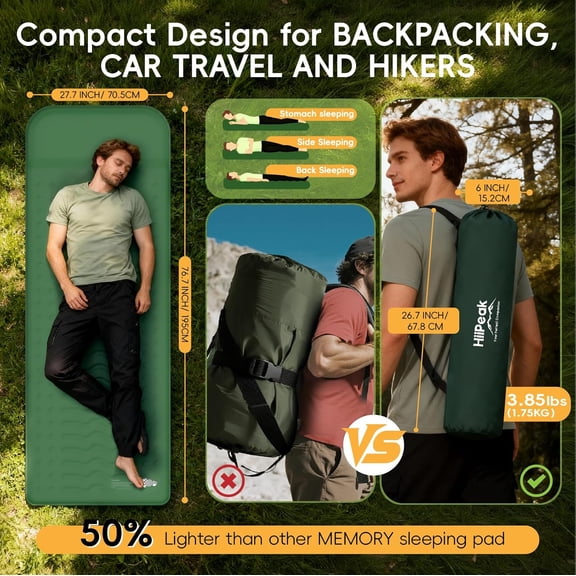 Memory Foam Sleeping Pad with Pillow, 9.5 R-Value Self-Inflating Camping Mattress for Car Travel Tent Hiking