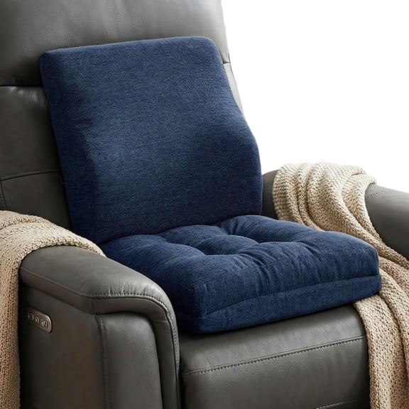 Memory Foam Small Recliner Cushions with Lumbar Support Pillow Set, 18x16x4 Inch Dual-Layer Design Non-Slip Recliner Seat Cushion & Back Support Pillow for Reduce Hip & Lumbar Pain, Navy Blue