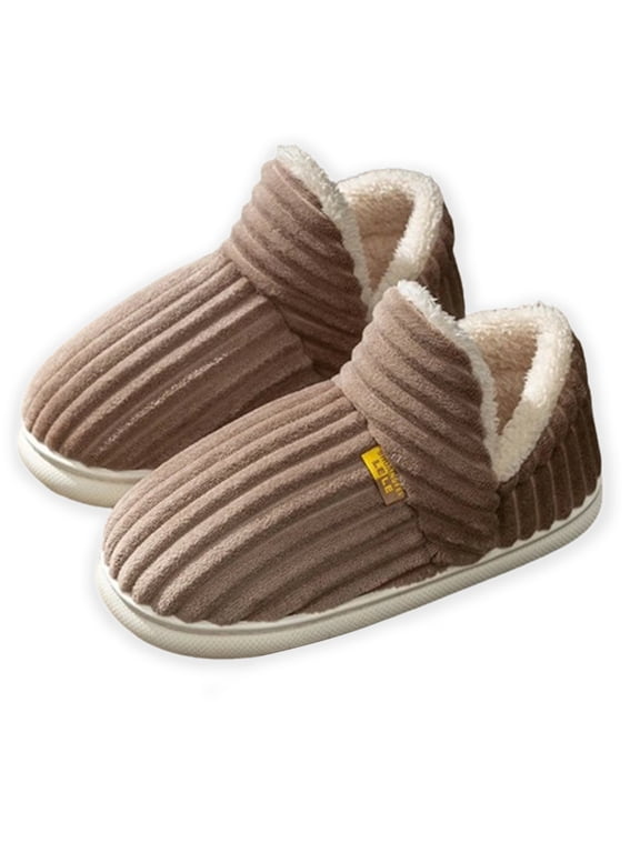 Memory Foam Striped Plush Slippers for Women Men Anti-Skid Full Covered Ankle Slippers Thick Sole Shoes for Home Indoor (Gray/Pink/Orange/Coffee)