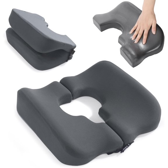 Memory Foam Seat Cushion with T-Shaped Cutout, Tailbone Support Pillow for Office Chair, Car, Home and Long Sitting Comfort, Dark Grey