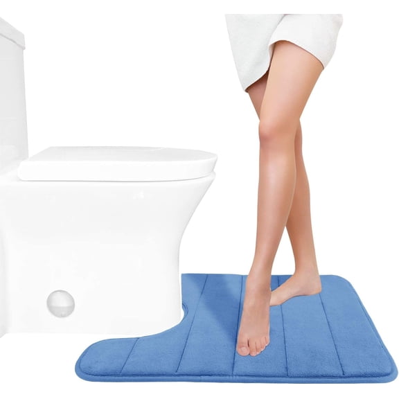 Memory Foam Toilet Bath Mat U-Shaped, Soft and Comfortable, Super Water Absorption, Non-Slip, Thick, Machine Wash and Easier to Dry for Bathroom Commode Contour Rug, 24 X 20 Inches, Blue
