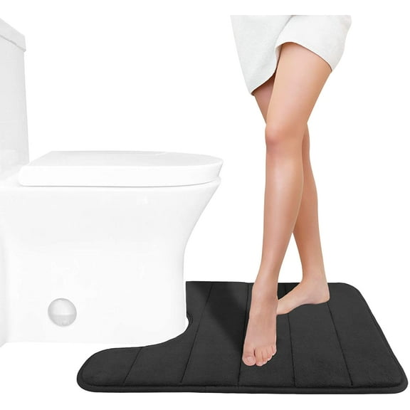 Memory Foam Toilet Bath Mat U-Shaped, Soft and Comfortable, Super Water Absorption, Non-Slip, Thick, Machine Wash and Easier to Dry for Bathroom Commode Contour Rug, 24 X 20 Inches, Black