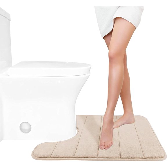 Memory Foam Toilet Bath Mat U-Shaped, Soft and Comfortable, Super Water Absorption, Non-Slip, Thick, Machine Wash and Easier to Dry for Bathroom Commode Contour Rug, 24 X 20 Inches, Beige