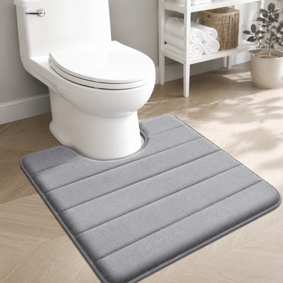Memory Foam Toilet Rugs U Shaped 24x20, Super Soft Absorbent Contour Bath Rugs, Quick Dry Machine Washable Toilet Mat, Bathmat Floor Carpet for Bathroom Home Decor Accessories, Grey