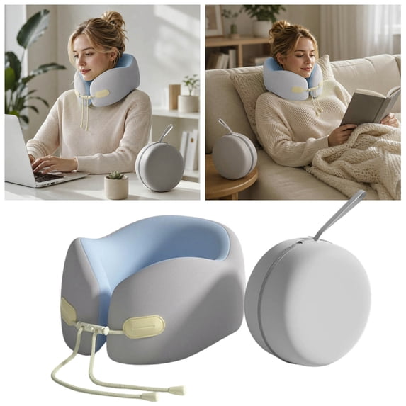 Memory Foam Travel Neck Pillow Adjustable Drawstring Support Head Rest Breathable Neck Cushion For Airplane Car Office(Blue-23Cm)