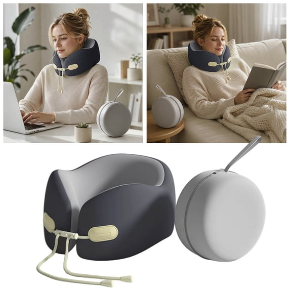 Memory Foam Travel Neck Pillow Adjustable Drawstring Support Head Rest Breathable Neck Cushion For Airplane Car Office(Grey-23Cm)