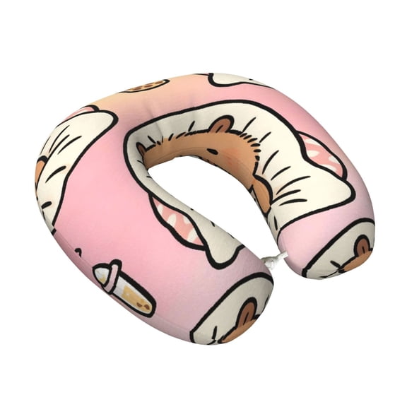 Memory Foam Travel Neck Pillow For Airplane Car Home Portable Soft Plush Removable Washable Cover Neck Support Pillows Capybara Lounging While Sipping Bubble Tea