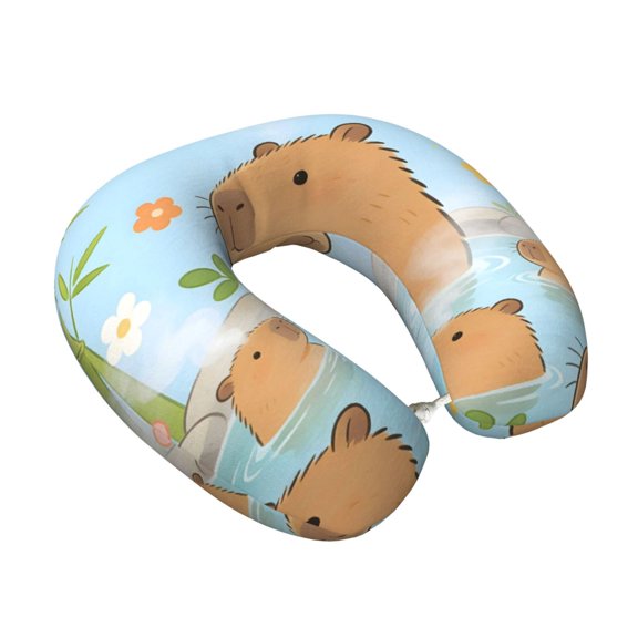 Memory Foam Travel Neck Pillow For Airplane Car Home Portable Soft Plush Removable Washable Cover Neck Support Pillows Capybaras Soaking In Hot Springs