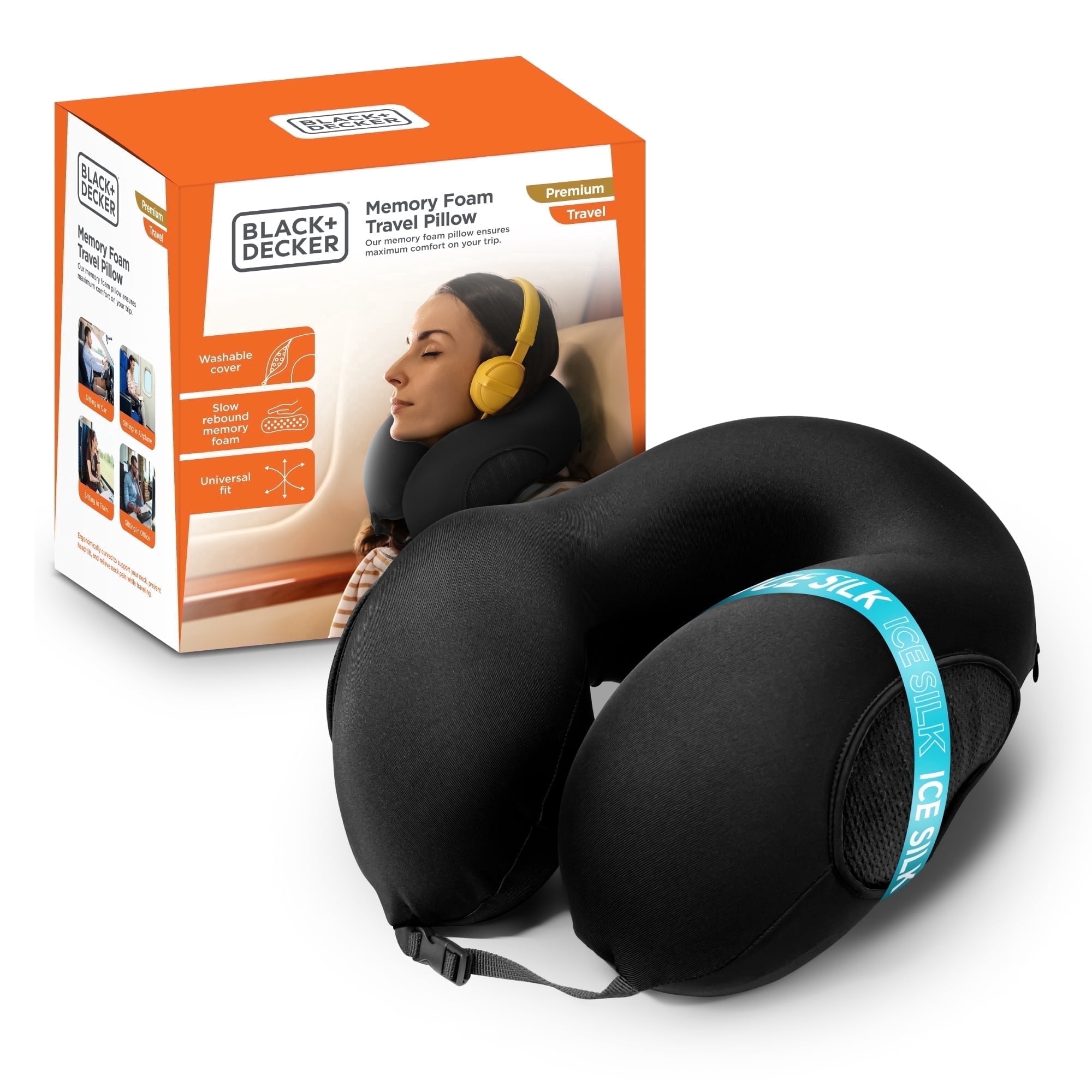 BLACK+DECKER Memory Foam Travel Pillow, Ergonomic Cervical Neck Pillow, Black