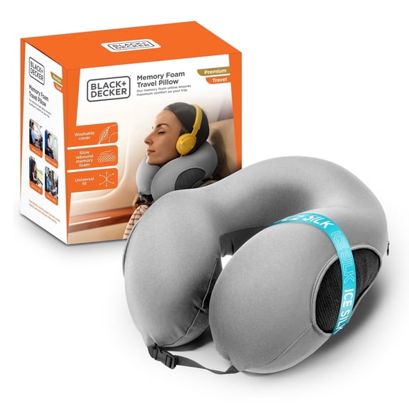 BLACK+DECKER Memory Foam Travel Pillow, Ergonomic Cervical Neck Pillow, Gray
